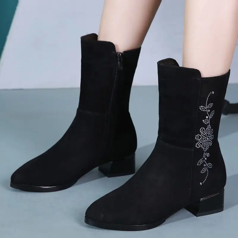 

Женские туфли до середины икры со стразами, черные теплые полувысокие сапоги на среднем каблуке для женщин, осенне-зимняя удобная и элегантная обувь