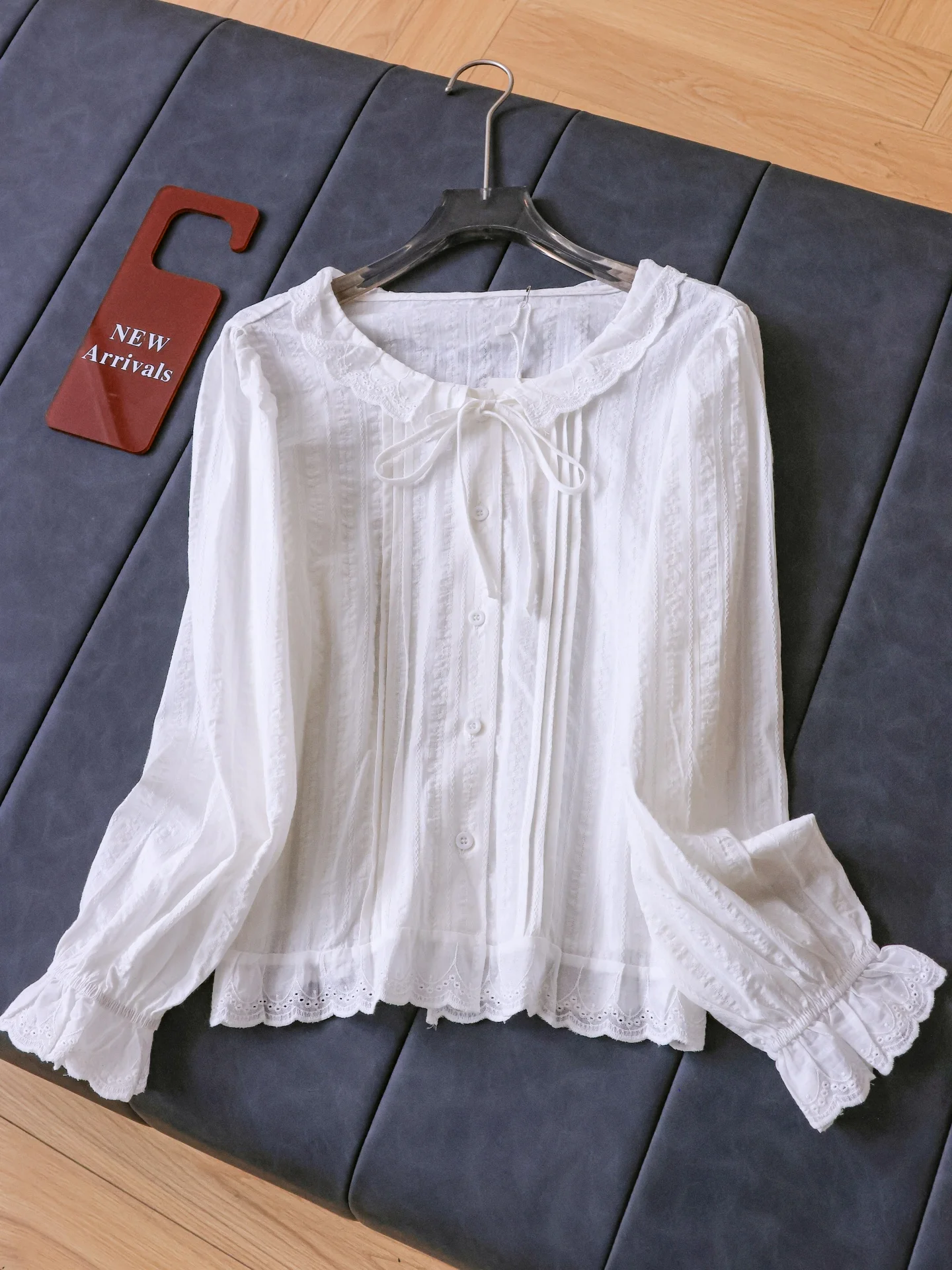 

Sweet Style Long Sleeve Hollow out Bow Tie Doll Collar Lace Trim White Shirt Women's Fashionable Versatile Cotton Polyester B...