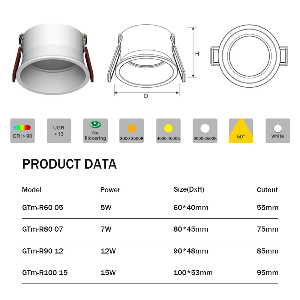 Luz descendente LED regulable con ángulo de haz de 60 grados, foco redondo antideslumbrante de 15W, 12W, 7W y 5W, 3000K, 4000K, 6000K y 220V