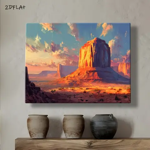 2DPlane，Desert Landscape Canvas Art Print - Sunset Orange、Beige and Blue Monument Valley Rock Landscapes - Living Room Office De