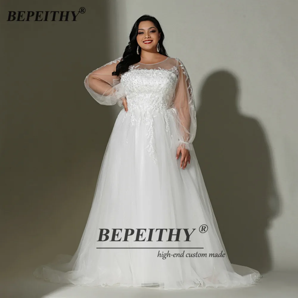 BEPEITHY-vestidos de novia con cuello redondo personalizados para mujer, vestidos de novia de manga completa para mujer, vestido de novia con cuentas de encaje blanco, primavera 2023