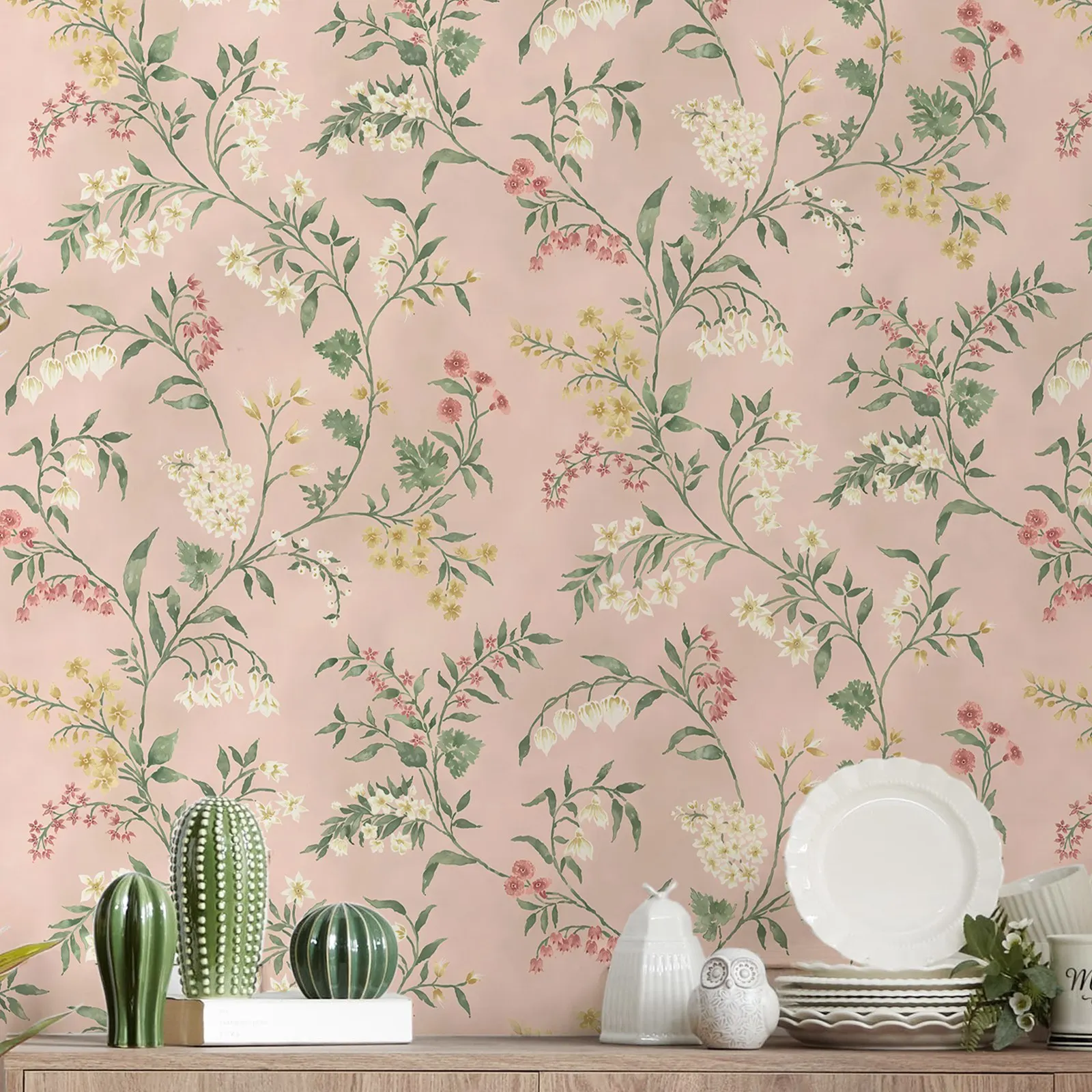 Almora Wallpaper, delicate floral wall paper with featuring bell flowers and fuchsias in dusty pink back,Traditional Un-paste