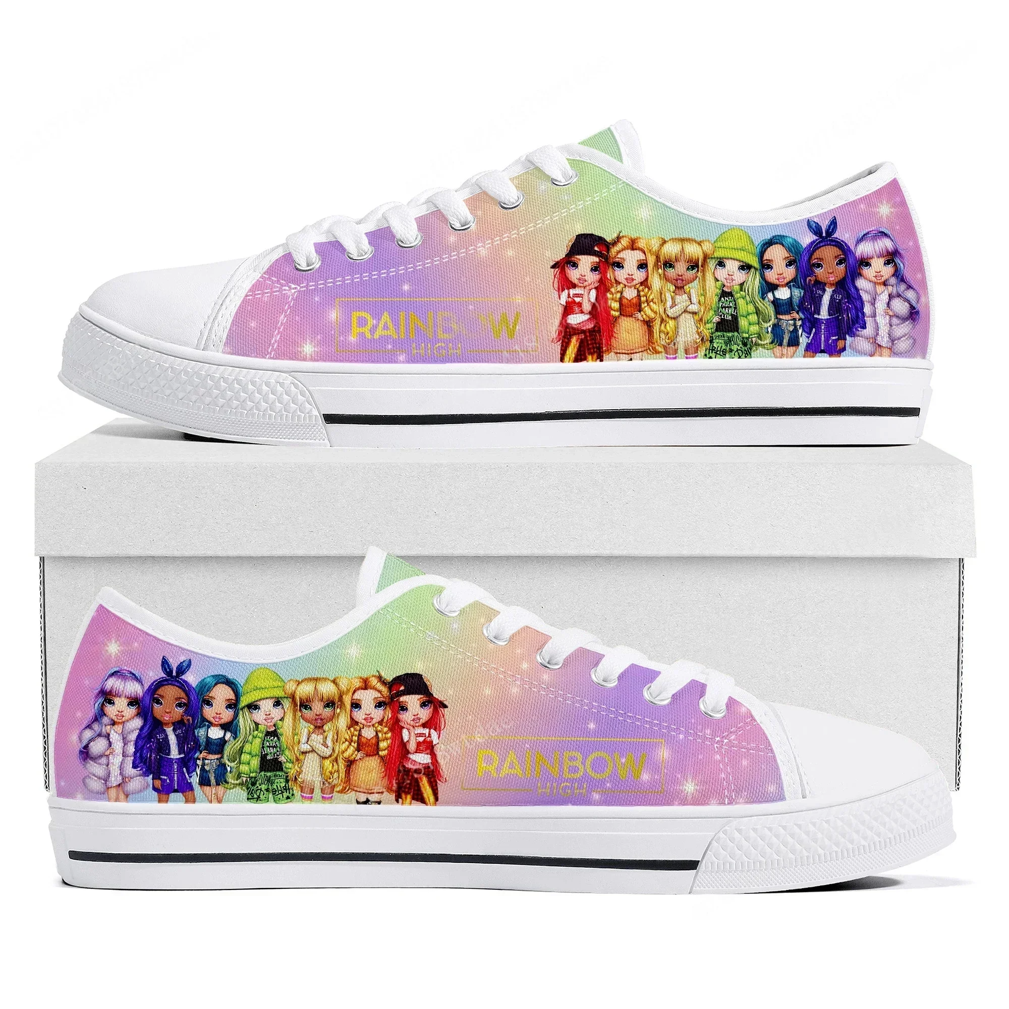 Rainbow High Low Top Sneakers pour femmes et hommes, baskets en toile de haute qualité, chaussures personnalisées pour couples, Comics Manga