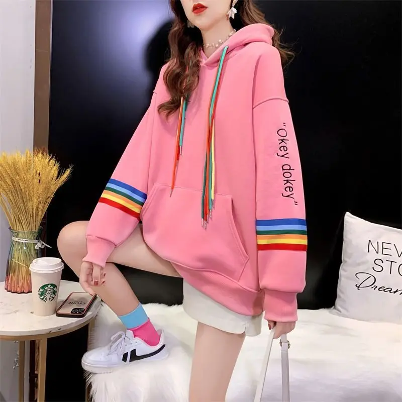 

Fashion Printing Letter Pockets Color Lace Up Hooded Female Clothing 2023 Autumn Winter Oversized Korean Tops Casual Sweatshirts