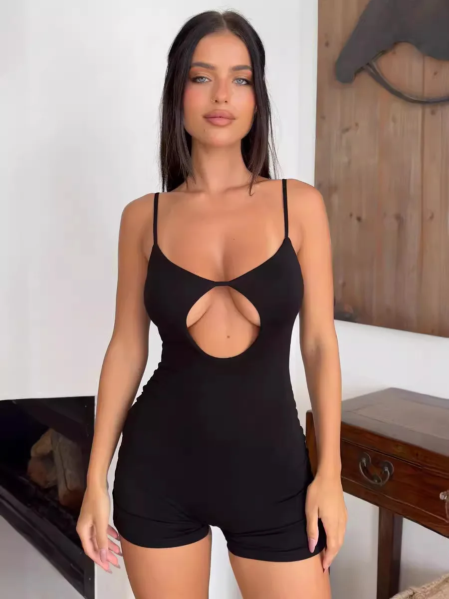 Sexy Summer Streetwear Jumpsuit Sleeveless Hollow Out Design Backless Zipper Bodycon One Piece Workout Women Short Jumpsuit