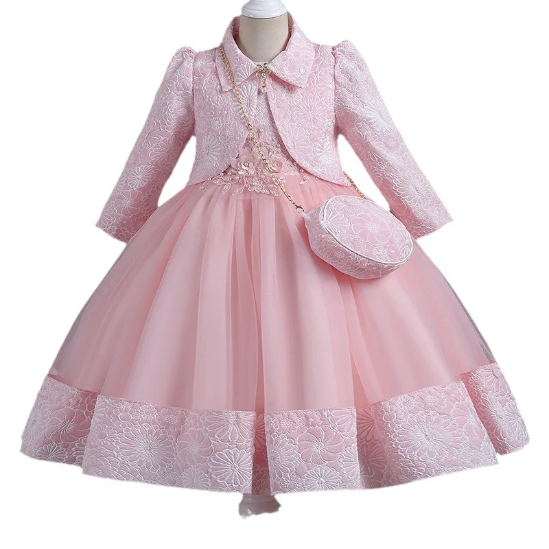 2024 New Girls\' Gowns Puffy Yarn Princess Dress Three Piece Set High end Long Sleeve Birthday Wedding Dress