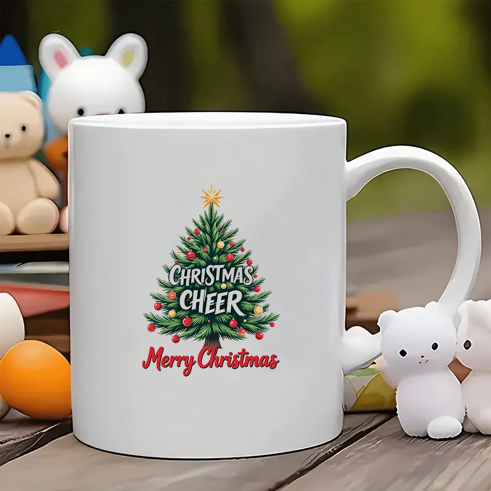 

11oz Christmas Tree Sticker Mug + Joyful Christmas Tree Pattern Cup Christmas Gift Kids Cup Family Office Coffee Cup