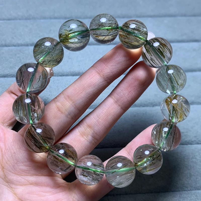 

Бразильский браслет из натурального хрусталя для женщин и мужчин, зеленые волосы, бусины из натурального хрустального камня, шарик на ручной нить, браслет с золотой иглой