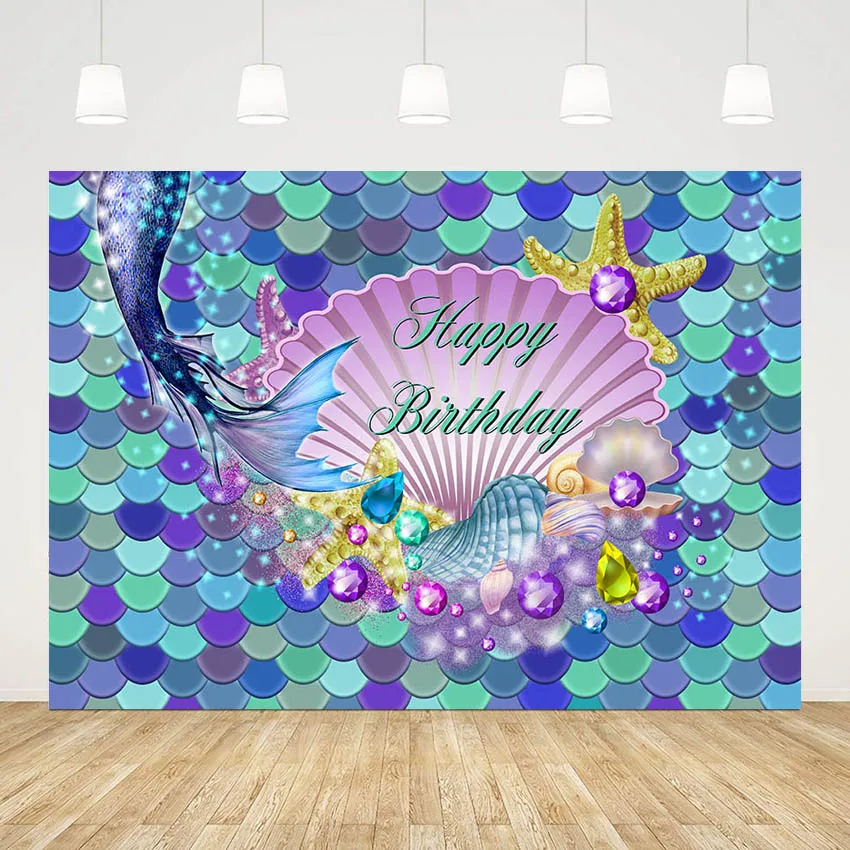 

Mehofond Photography Background Under the Sea Mermaid Sapphire Shells Backdrop Girl Birthday Party Cake Smash Decor Photo Studio