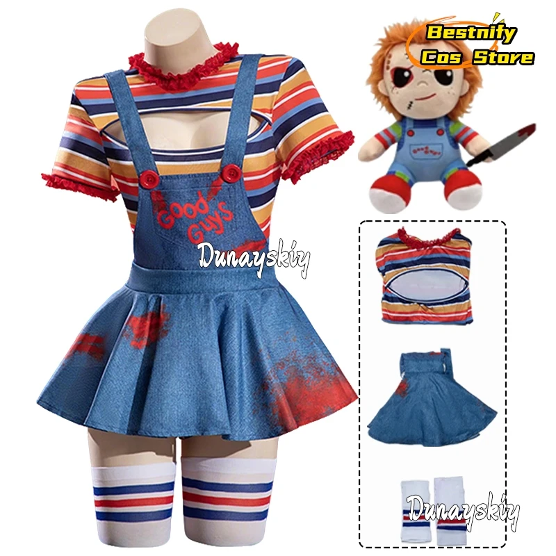 المرأة القاتل دمية زي الهالوين التأثيري {Bestnify Cos} القوطية ارتداءها متعدد الألوان مخطط انقطاع ارتداءها وزرة جوارب #1