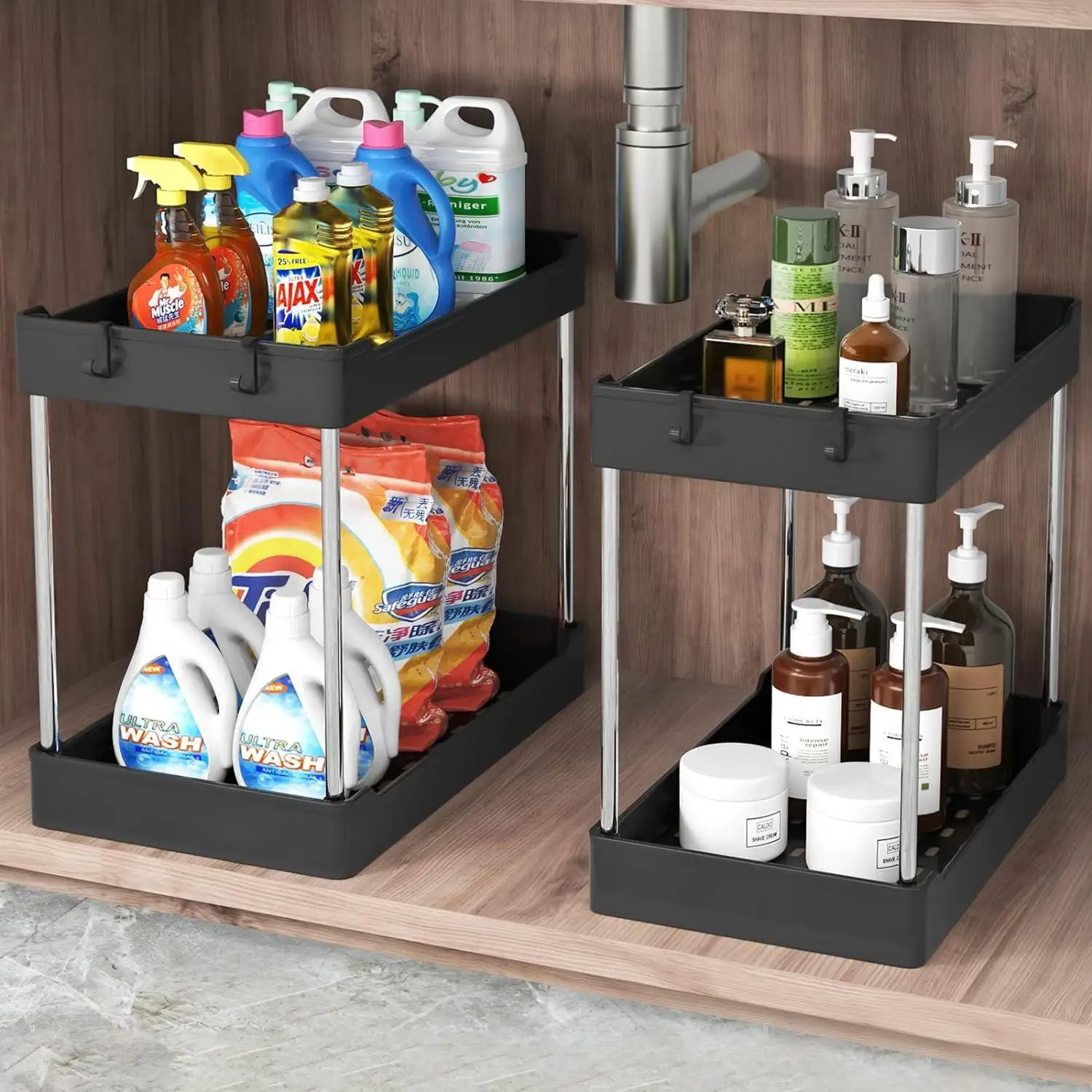 

2 Tier Under Sink Organizer Multipurpose Rack Cabinet Under Sink Storage Rack with Hooks Bathroom Kitchen Drawer Organizer Rack