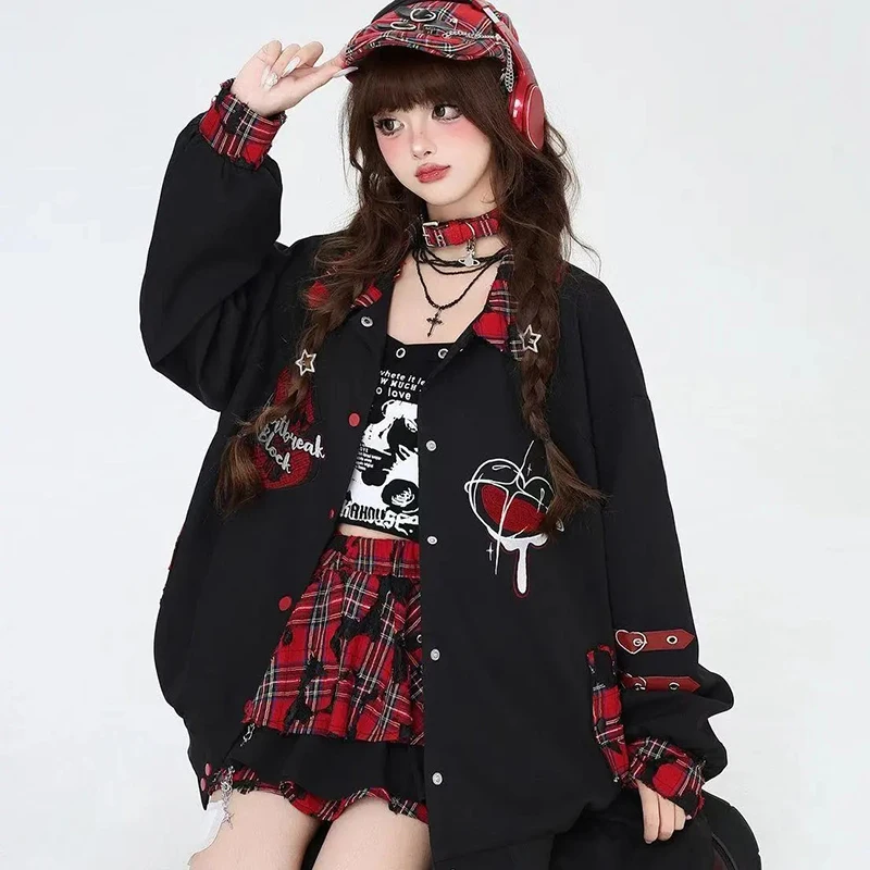미국 서브컬쳐 패치워크 재킷 여성 싱글 브레스티드 체크 루즈 베이스볼 코트 고딕 캐주얼 스트리트 힙합 아우터웨어