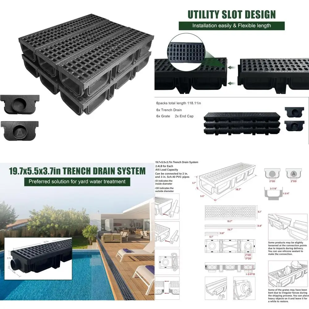 

6-Pack HDPE Trench Drain System, 19.7x5.5x3.7, 118.2 Total Length, Outdoor Drain with Grates and 2 Adapters