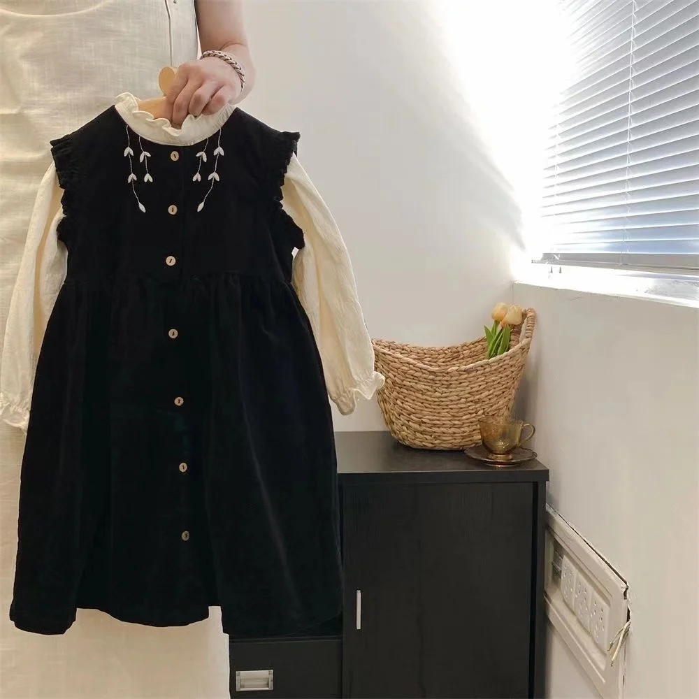 Girls' Autumn Dress New Children's Retro Vest Skirt Baby Girl Lotus Leaf Edge Corduroy Skirt+Shirt Two Piece Set Kids Outfits