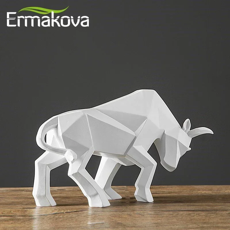 ERMAKOVA Geometric Resin Bull Statue Bison Sculpture Decoration Abstract Animal Figurine Room Desk Home Decoration Gift