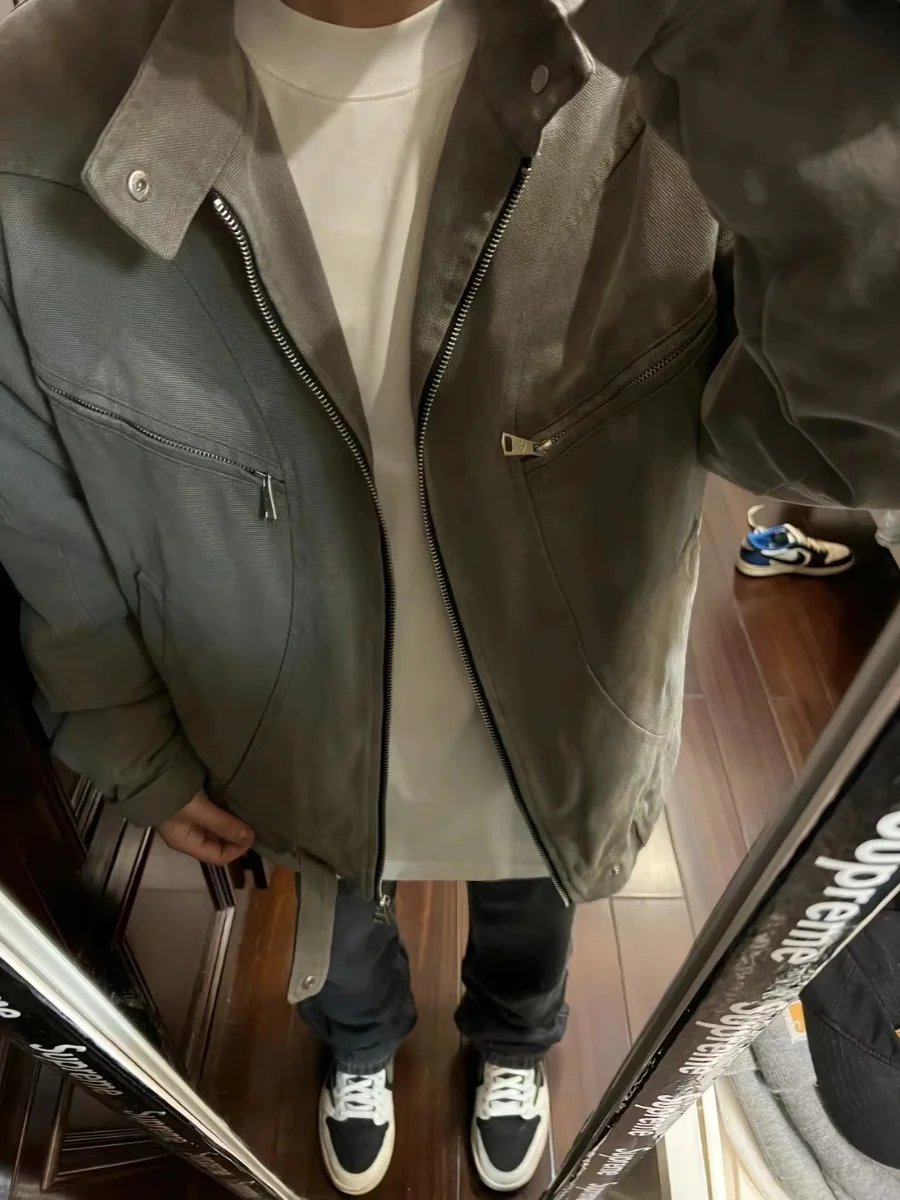

New 2024 Men's Canvas Jaet Heavyweight Waed Casual Stand Collar Outerwear Cleanfit Simple Design Autumn Faion Long Sve