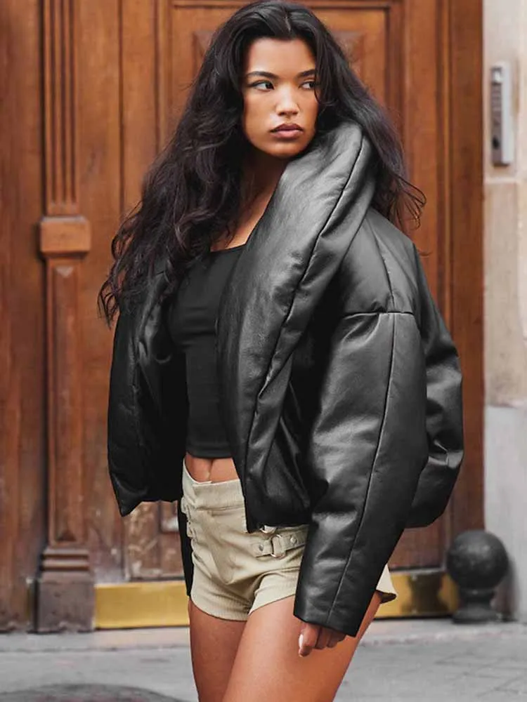 BKQU-Chaqueta de plumón de cuero liso para mujer, Parkas cortas gruesas acolchadas de algodón de manga larga con cuello levantado, abrigos de calle para Otoño e Invierno