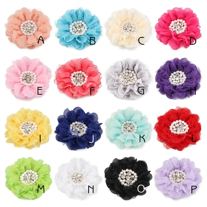 10pcs/lot 16colors 9cm Shabby Chiffon Flowers Fabric Artificial Flowers Petals Poppy Flower+Rhinestones Pearls for Wedding