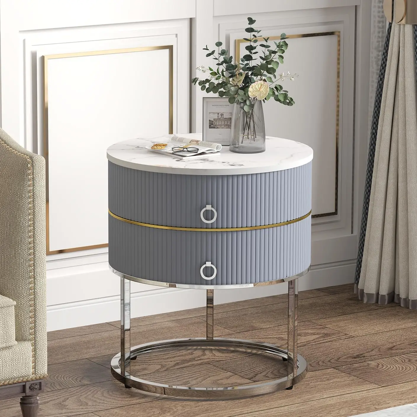 

Marble Round End Table with Storage, Modern Nightstand with 2 Drawers, Side Table for Living Room Bed Room, Bedside Table