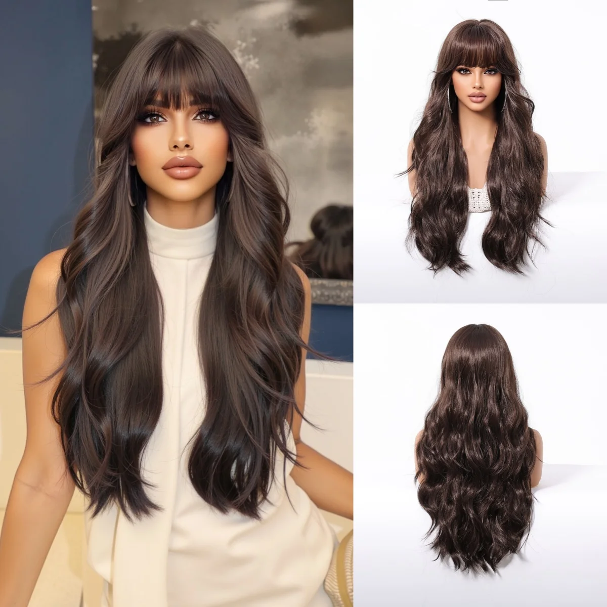 

HENRY MARGU Длинные коричневые синтетические парики Натуральный волнистый парик с челкой Косплей Парики Лолиты для вечеринок для женщин Термостойкое волокно