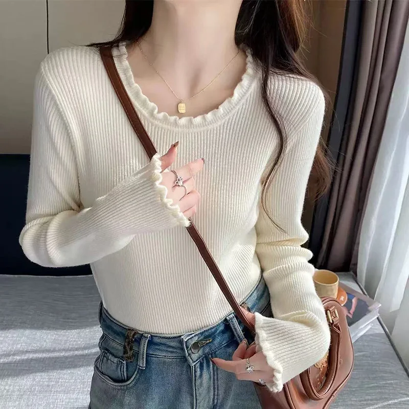 Korean Ruffles Round Neck Sweaters Women Autumn Winter Long Sleeve Warm Knitted Pullovers Woman Solid Color Slim Fit Jumpers