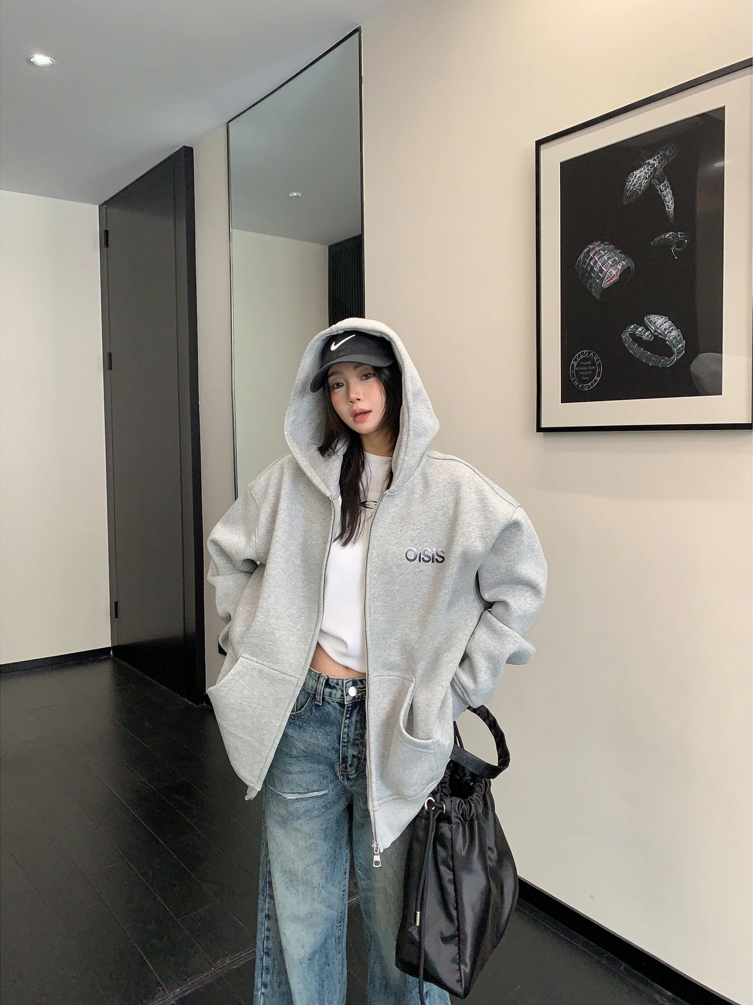 

Thickened Retro Loose Fit Hooded Jacket Women's American Style Casual Cardigan Embroidered 3D Sleeve Long Cotton Coat