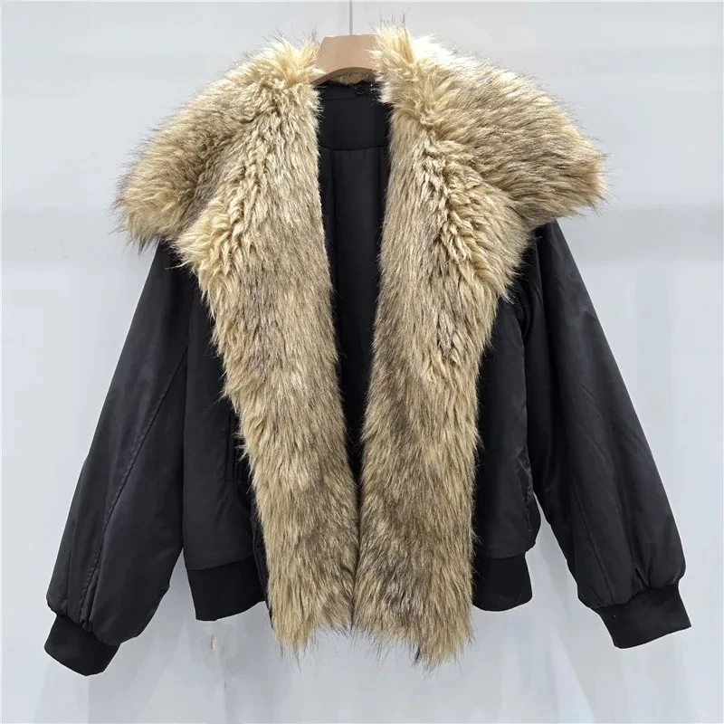 

2025 Winter New Arrival Niche Eco-Faux Fur Collar Color Block Cotton Puffer Jacket - Thickened Warm Contrast Stitch Winter Coat