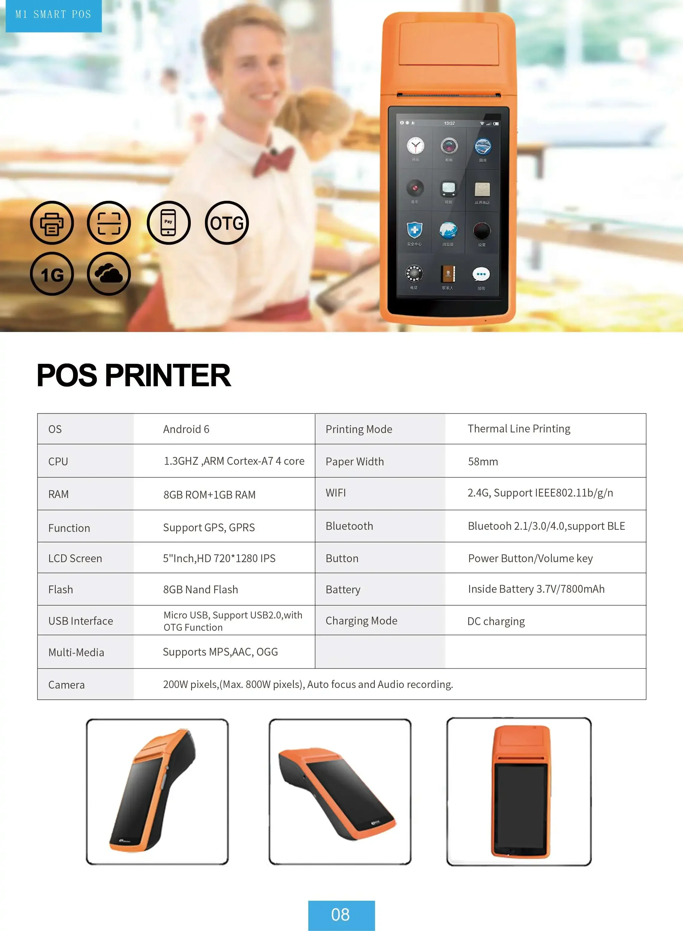 Venda Quente Impressora pos móvel portátil de 5 polegadas, android 8.1, com impressora térmica de 2 polegadas, 3g, wi-fi, bt, berço de carregamento opcional