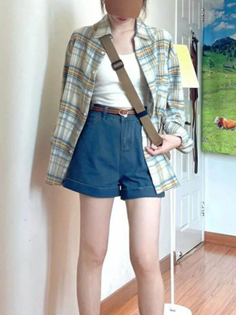 

Single-breasted Grunge Chic Blusas Streetwear Vintage American Blouses Turn Down Collar Contrast Color Plaid High Street Shirts