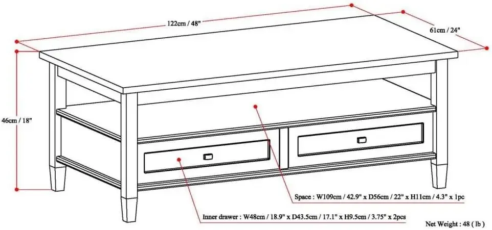 SIMPLIHOME Warm Shaker SOLID WOOD 48 inch Wide Rectangle Coffee Table in White, for the Living Room and Family Room