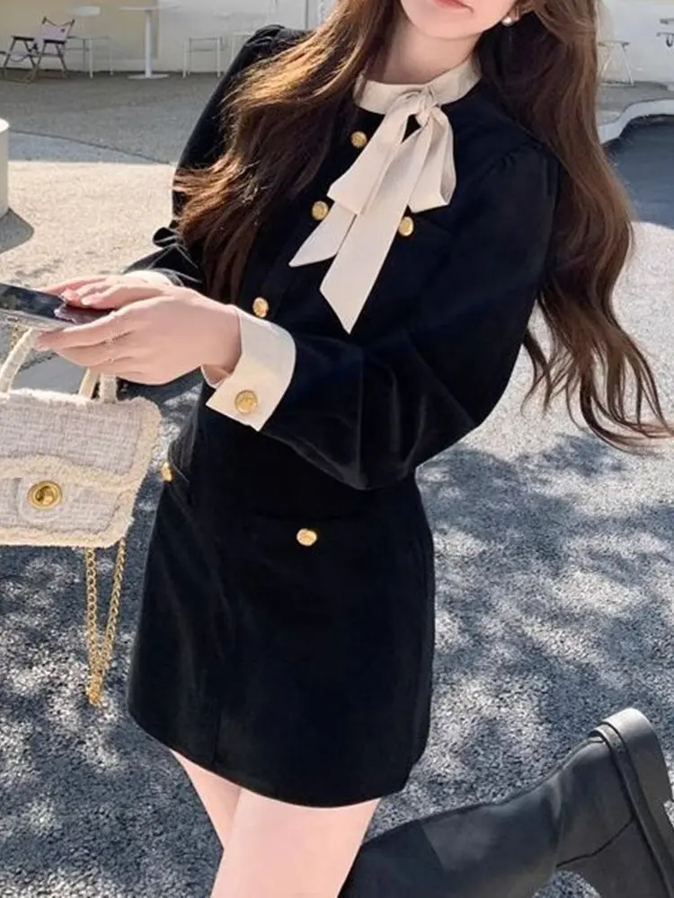 Color Block High Waist Short Skirt Set with  Knot Coat for Women Autumn Winter Fashion Outfit Two Piece Suit