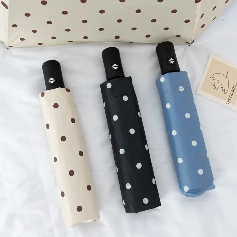

Fashion Polka Dot Folding Umbrella Auto Open UV Protective Black Coated Sunshade Rain Umbrella