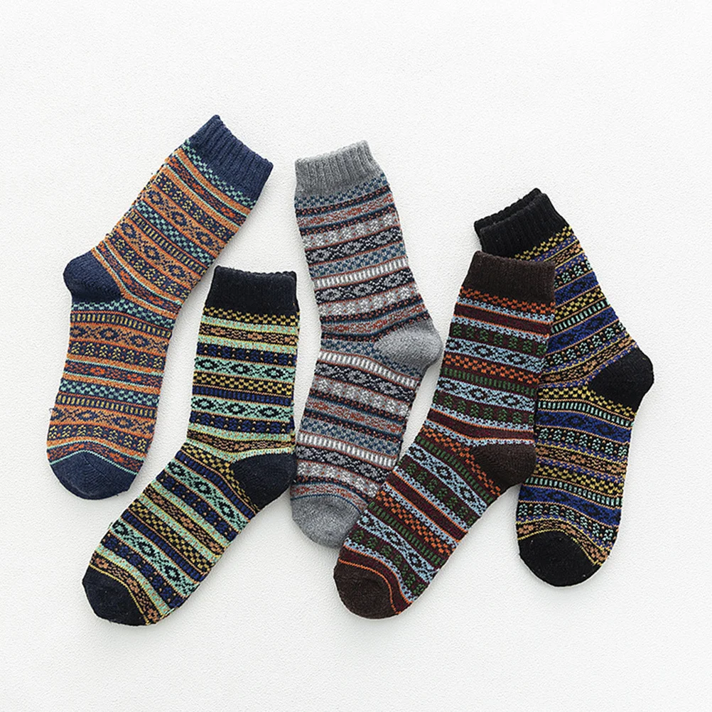 5Pairs Women Socks National Style Warm Wool Socks Vintage Winter Mid-Calf Length Soft Breathable Durable Practical