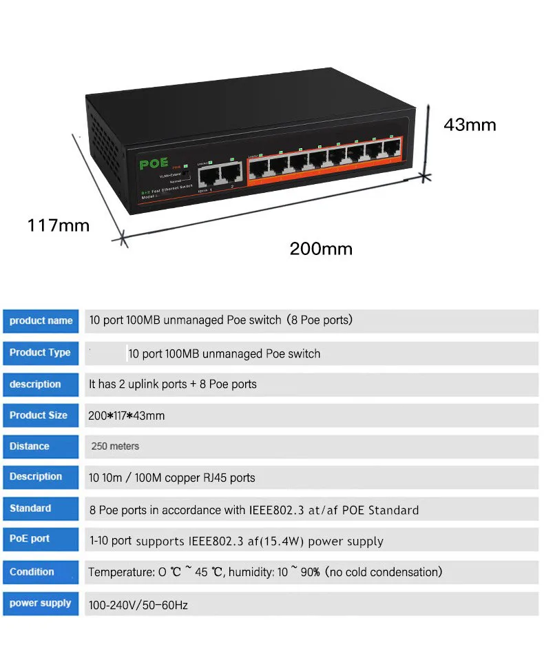 Switch POE 10 porte 8 porte Switch POE 100Mbps RJ45 Fast LAN Network Smart Switch 2 porte Uplink Switch Ethernet per Router Wifi