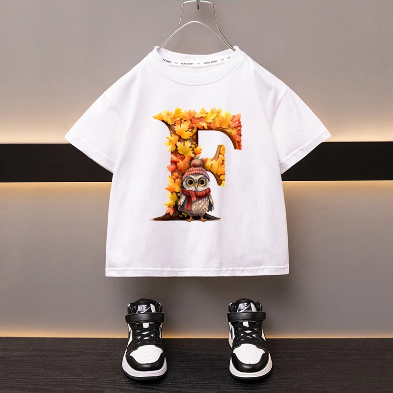 Maple Leaves Letter F Children T-shirt Kawaii Clothes for Girls T Shirt Anime Cartoons Casual Kid Boy Short Sleeve Tops New 2024