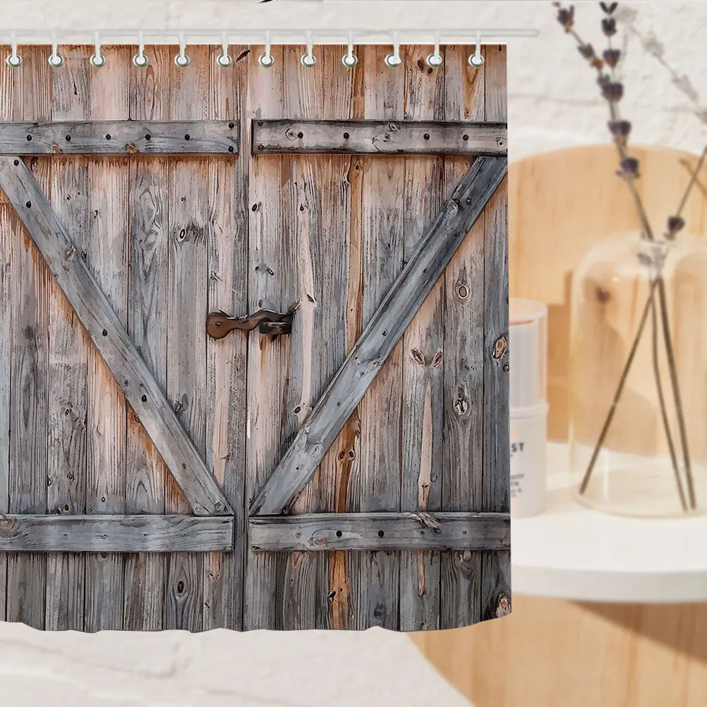 

Waterproof Shower Curtain Polyester Material Wooden Door Digital Print Sturdy Hooks Bathroom Bath Curtain Bathroom Curtains