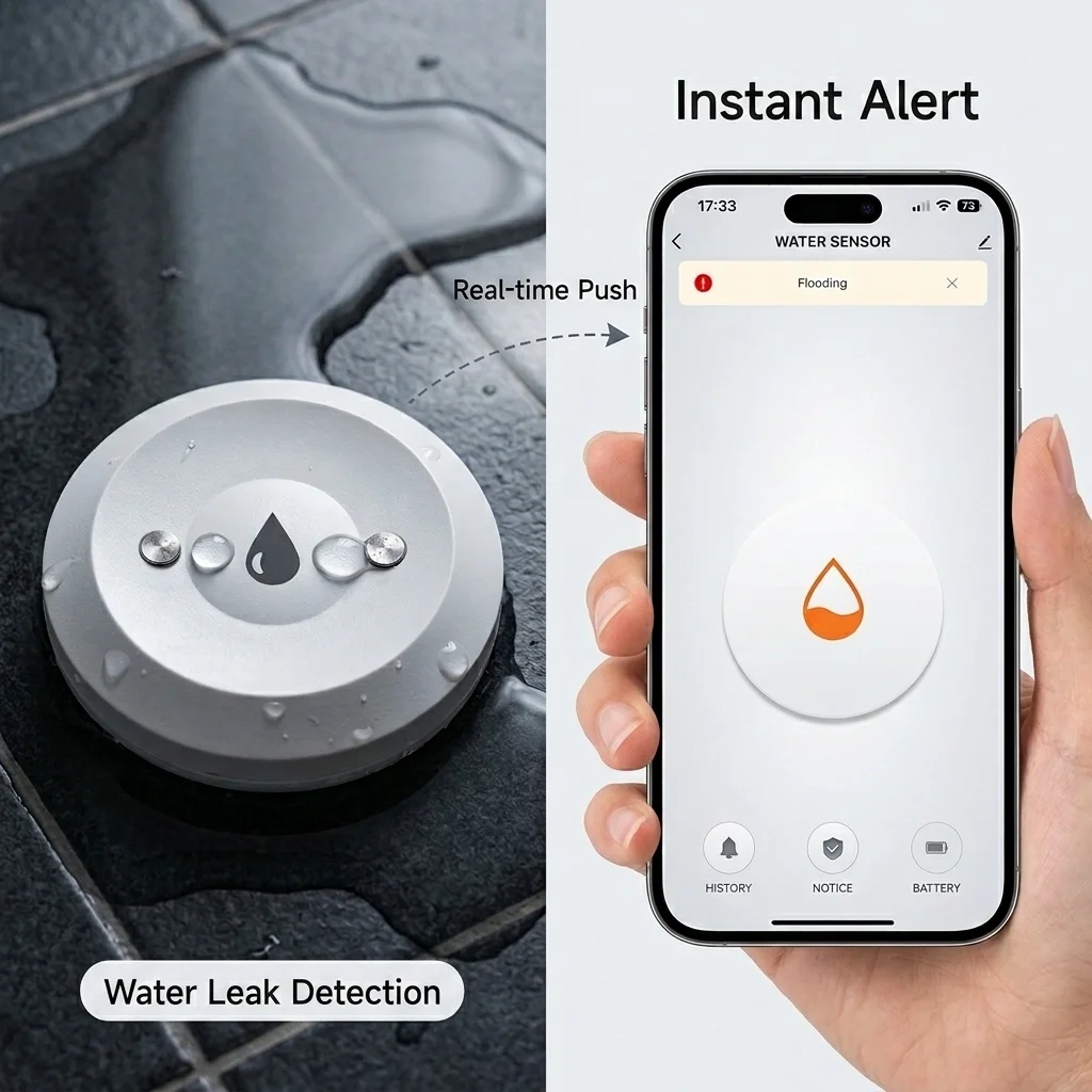 Smart Zigbee Water Sensor Flood Leak Detector App Remote Monitoring for Kitchen/Bathroom Support Home Assistant Zigbee2mqtt