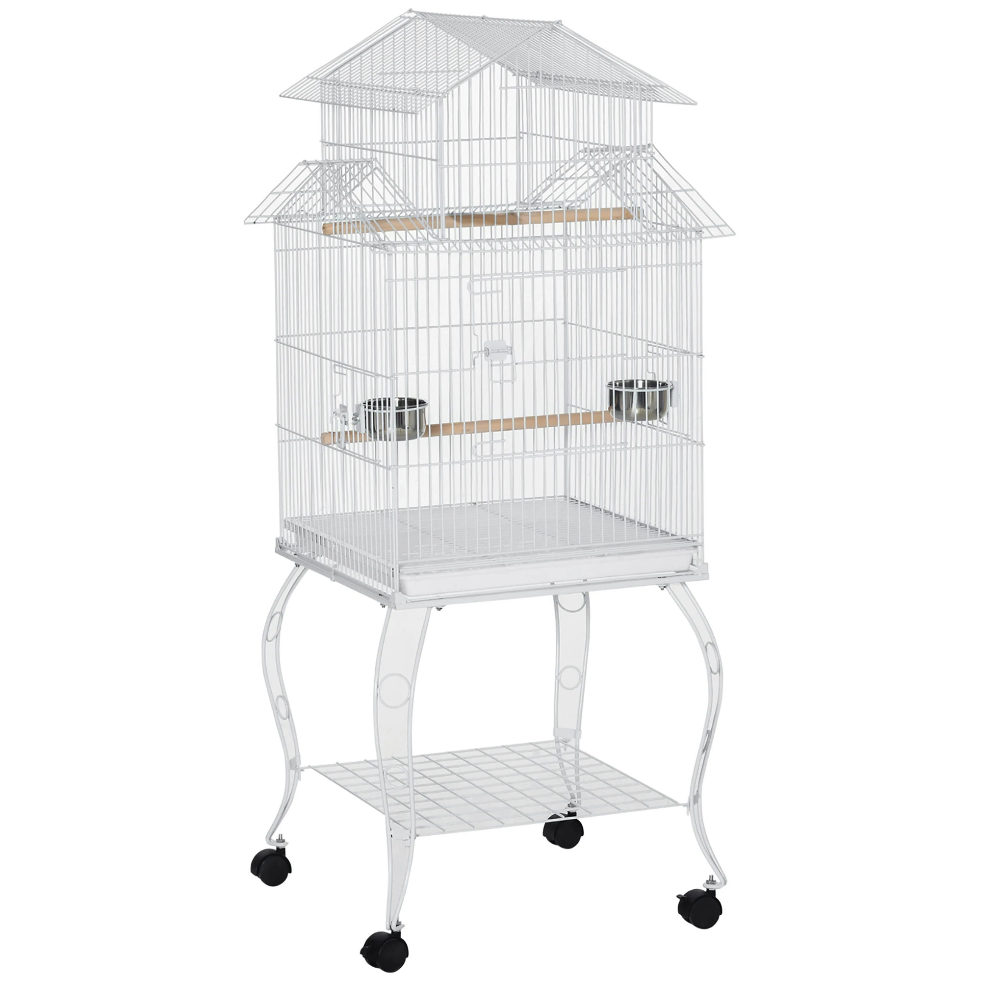 PawHut Jaula para Pájaros con Ruedas 50x49x137cm con Bandeja Extraíble Comederos