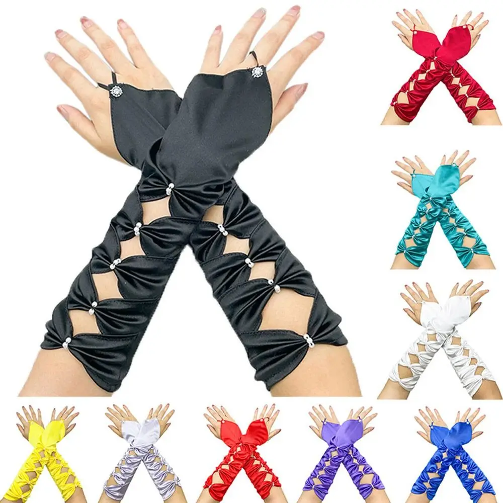 Elastic Evening Party Prom Fingerless Pleated Bowknot Long Bridal Gloves Elbow Gloves Satin