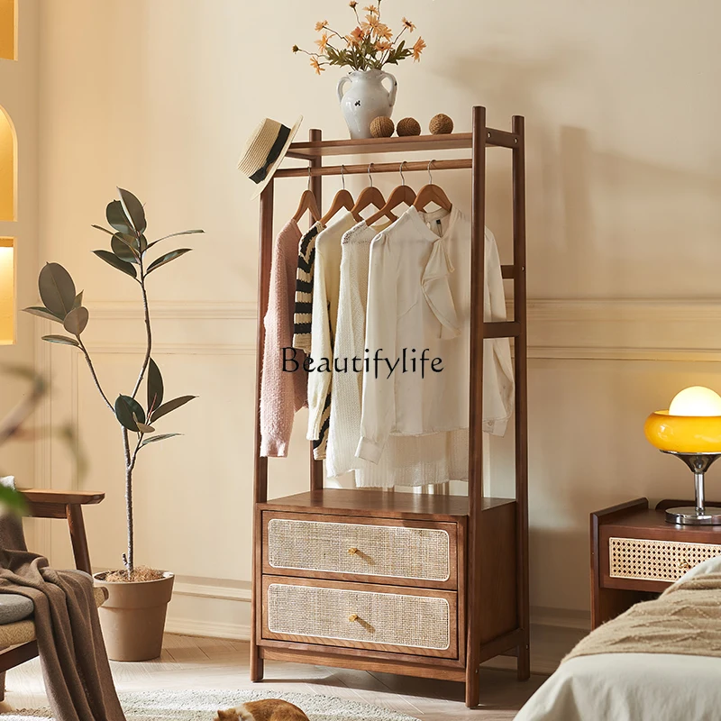 Solid Wood Coat and Hat Rack Bed & Breakfast Floor Rattan Woven Clothes Rack Small Apartment Bedroom Storage