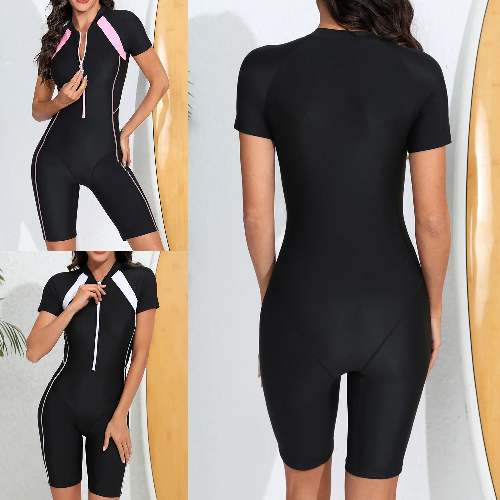 Womens Athletic Rash Guard Swimsuit One Piece Short Sleeve Padded Front Zipper Swimwear Boyleg Swimsuit Swimming Bathing Suit