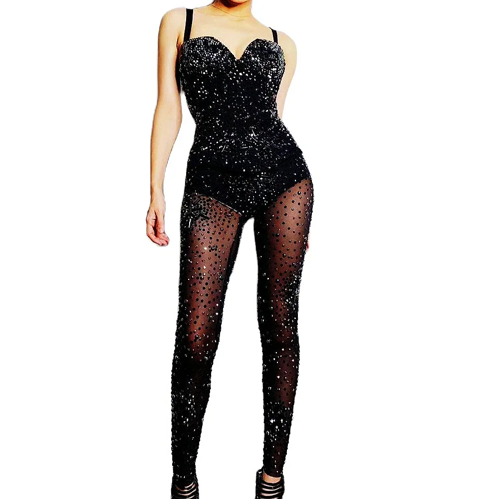 Glitter Rhinestones Skinny Stretch Women Jumpsuit Black Sleeveless Backless Bodysuit Nightclub Bar Stage Wear Pole Dance Costume