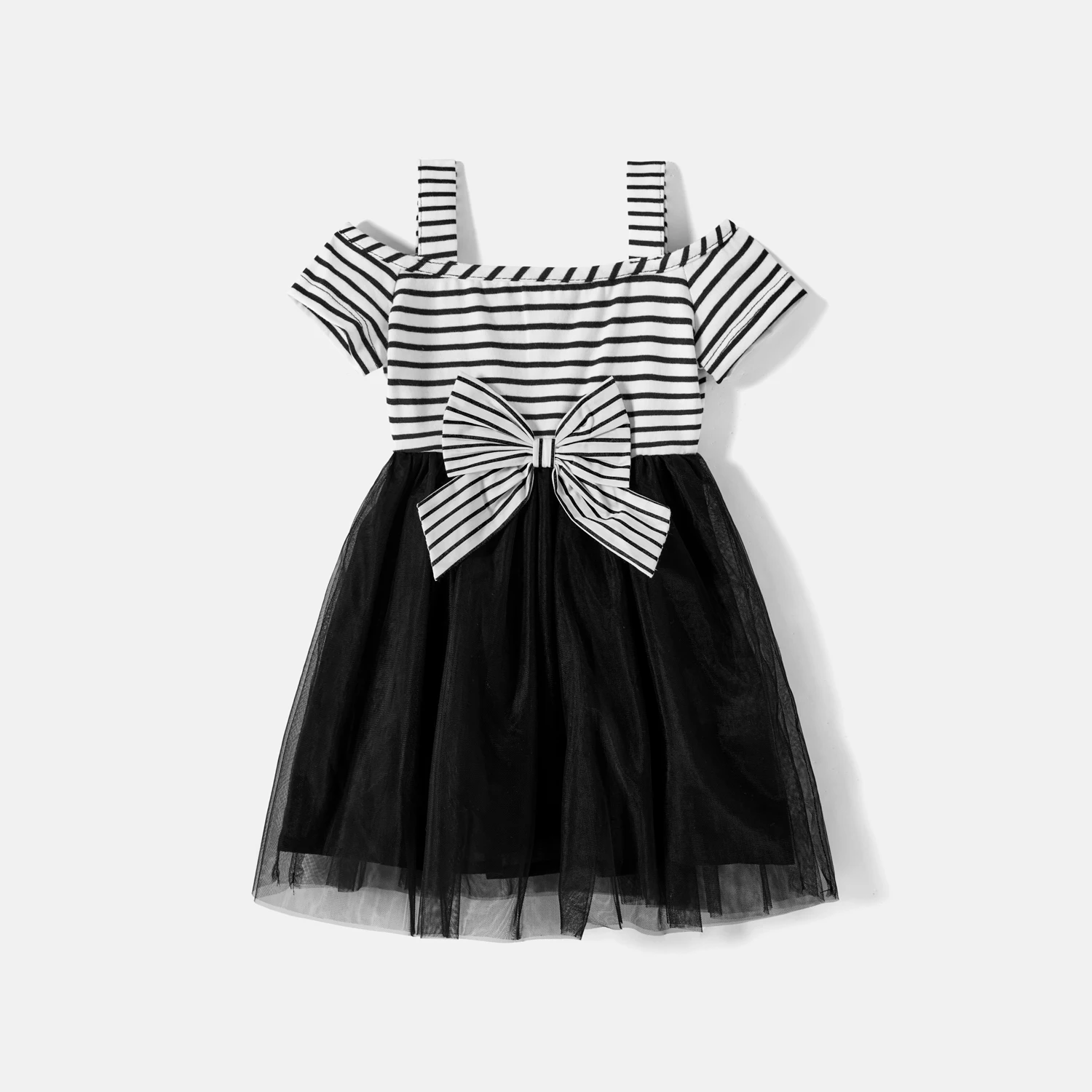 PatPat Family Matching Cotton Striped Short-sleeve T-shirts and Off Shoulder Belted Spliced Dresses Sets