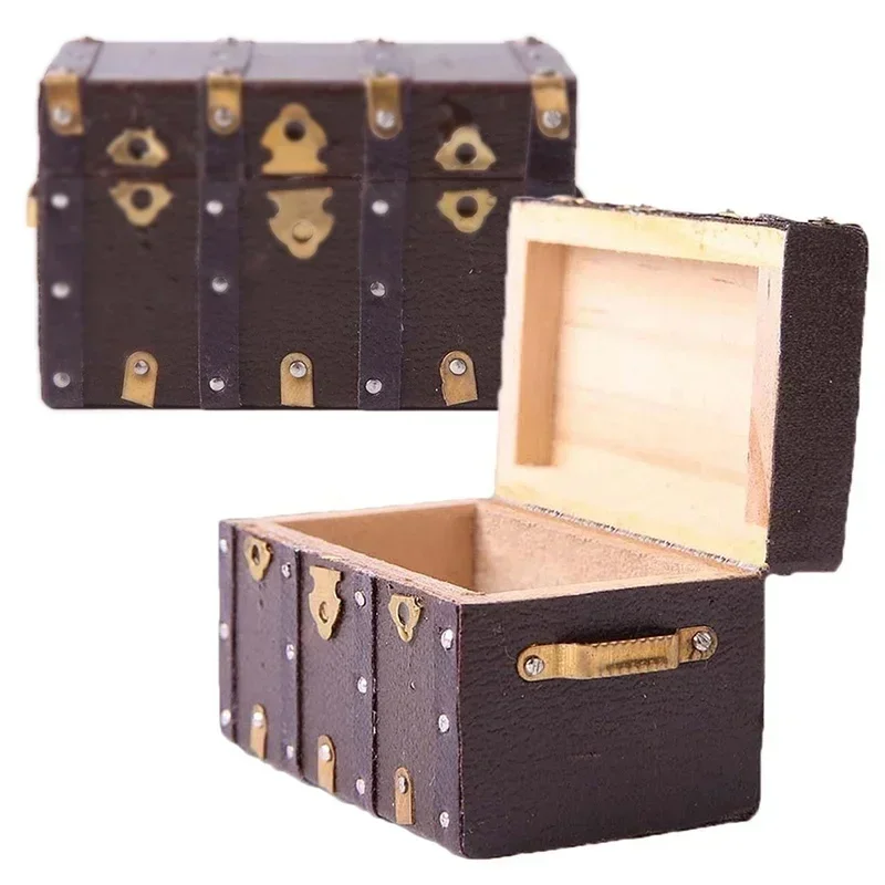 Brown Leather Wooden Box Case Vintage Case Box for 1/12 Miniature Home Decoration