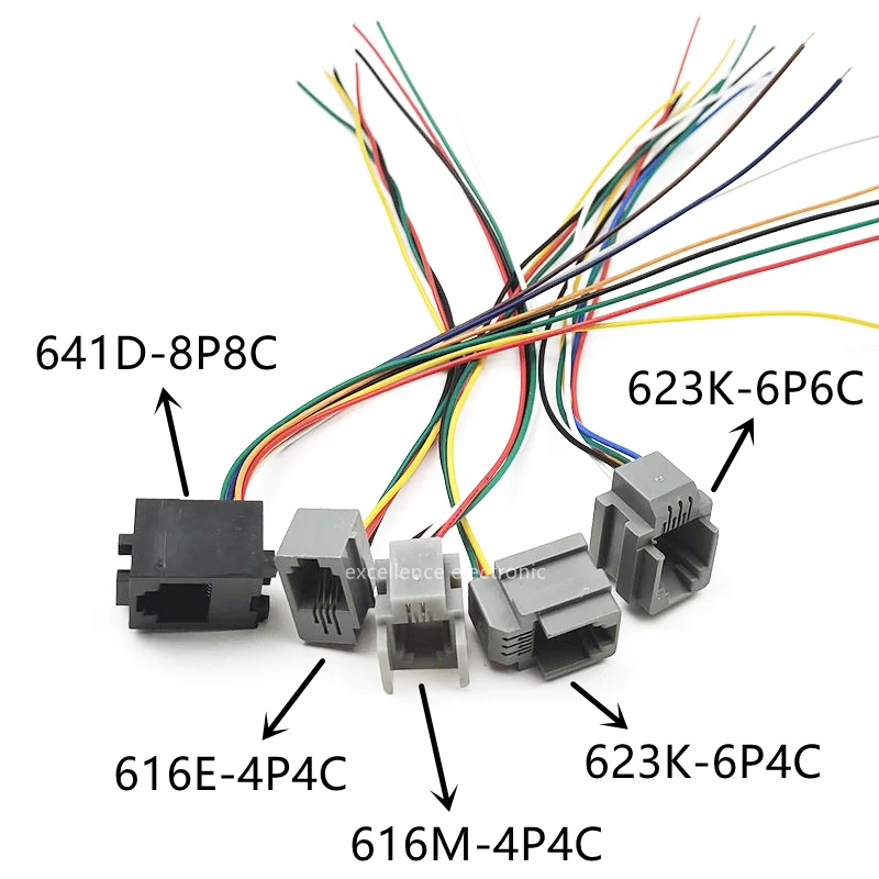 5PCS 616E 623k 616M 641D RJ11\RJ12\RJ45 Female Socket for Internet Phone With Cable 15cm