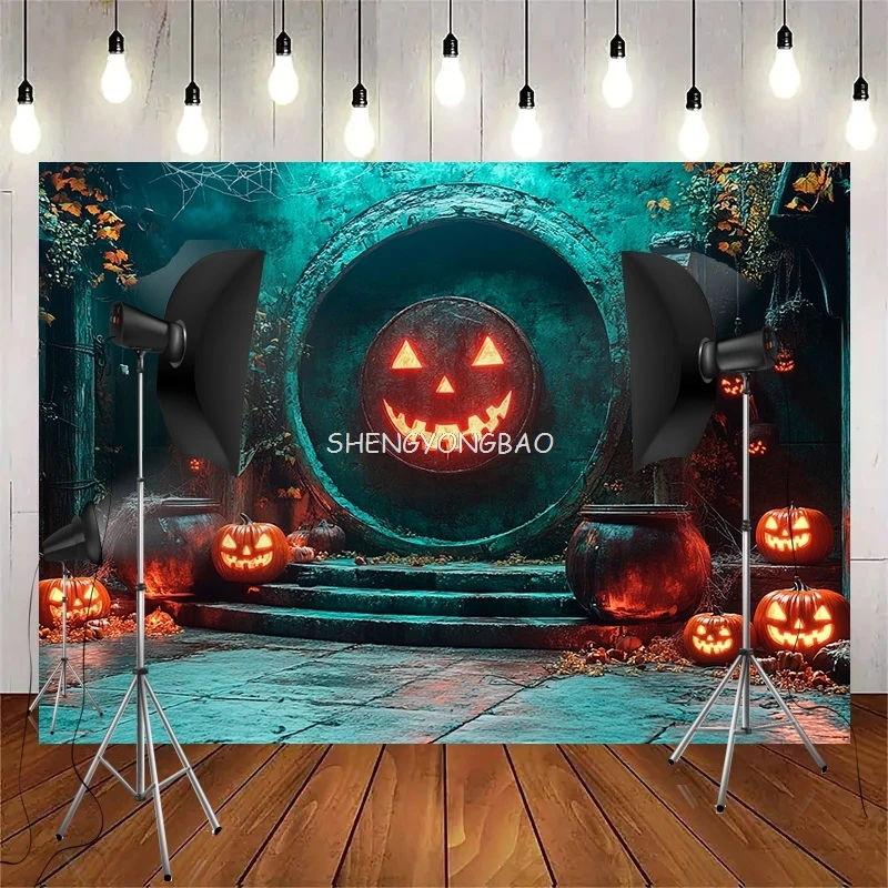 Central Empty 3d Podium Haunted House Background Glowing Steps Spooky Ghost Posters Walls Cobwebs Photography Backdrops GW-01