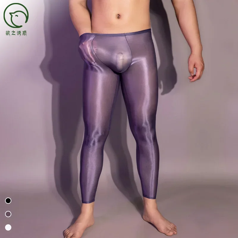 Glossy Sexy Ultra-thin Mens See Through Ice Silk Leggings Long Johns Lounge Sleeping Pants Underwear