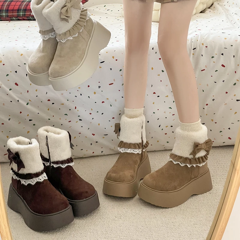 

Теплые женские зимние ботинки на меховой подкладке, удобная хлопковая обувь, увеличивающая рост, зимние женские современные короткие ботильоны без шнуровки на массивном каблуке
