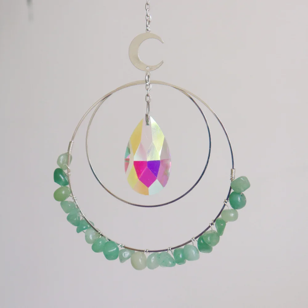 Atrapasueños de cristal con marco de anillo de luna plateado personalizado y piedra de aventurina verde natural - Colgante de cristal para decoración de ventana
