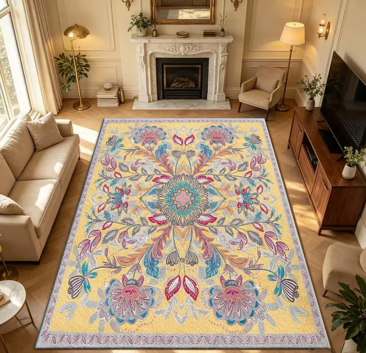 Boho Yellow Colorful Floral Area Rug Retro Ethnic Living Room Carpet Home Decor Floor Mat